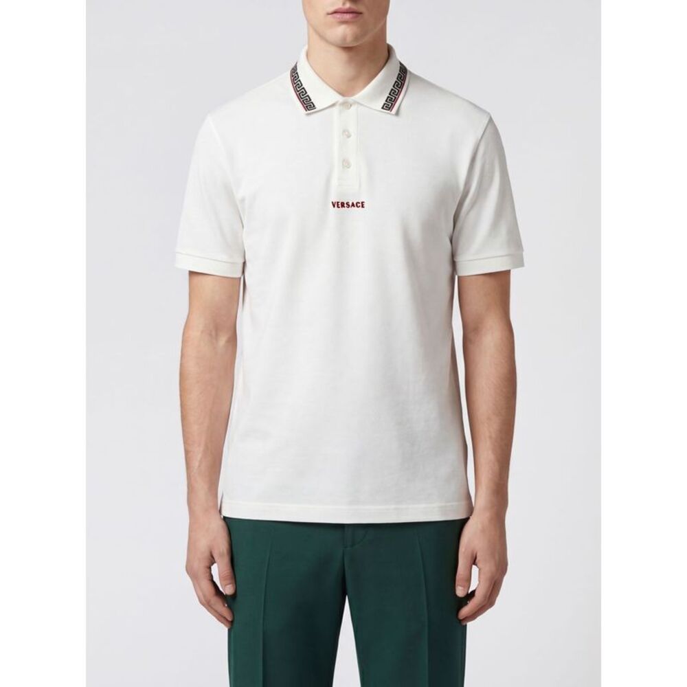 Versace Greca Pattern Cotton Polo Shirt With Contrast Embroidered Logo